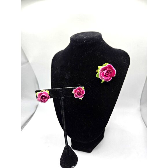 Rare Condition Bone China Rose Brooch Pin and Earrings Made in England Antique - Picture 3 of 10